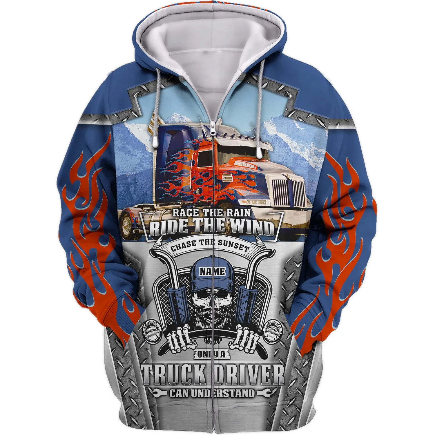 Blue & Red Fire Trucker 3D All Over Printed Hoodie, 3D Zipper Hoodie,...