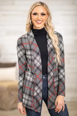 Grey and Red Plaid Cardigan