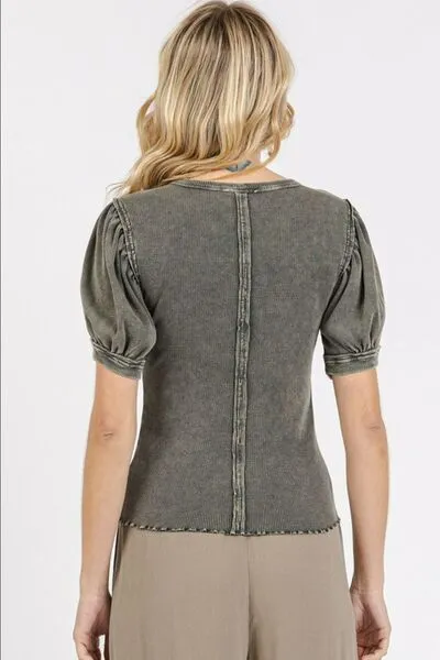 Hazel Blues® |  Mittoshop Mineral Wash Puff Sleeve Rib Knit Top