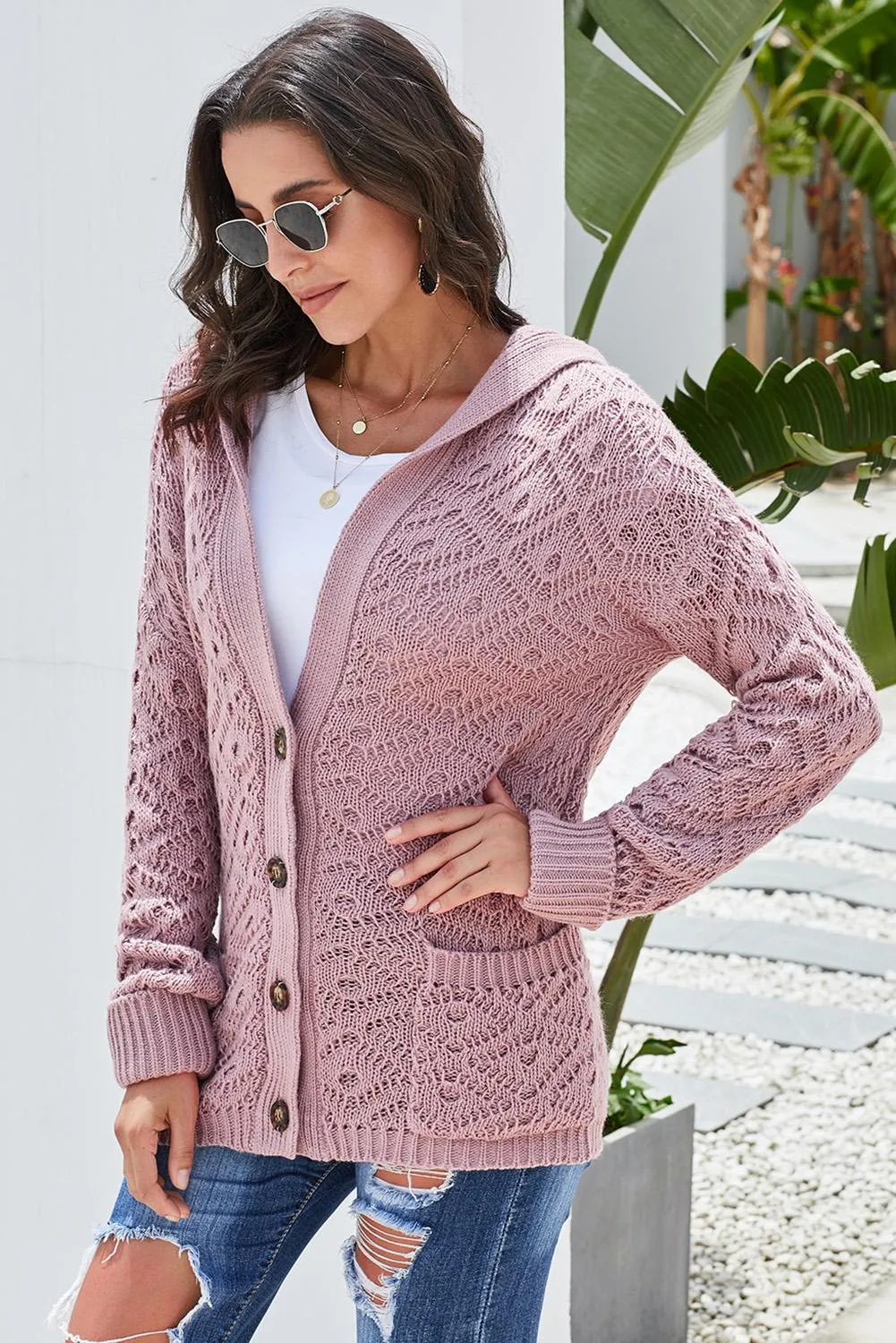 Pink Knit Hooded Cardigan